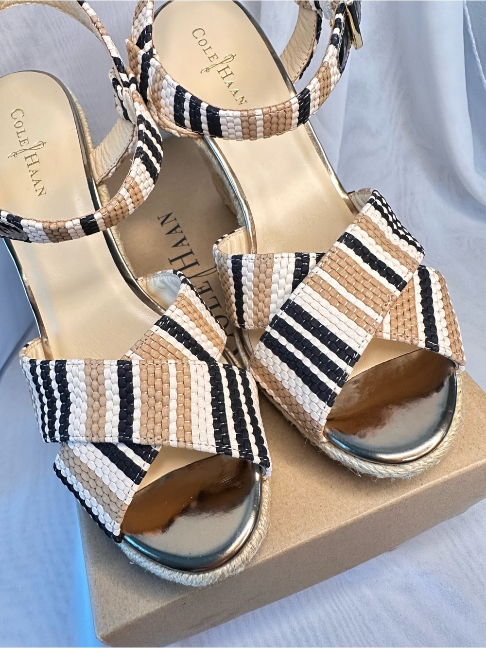 Cole Haan Beige, Black & White Striped Woven Ankle-Strap Sandals